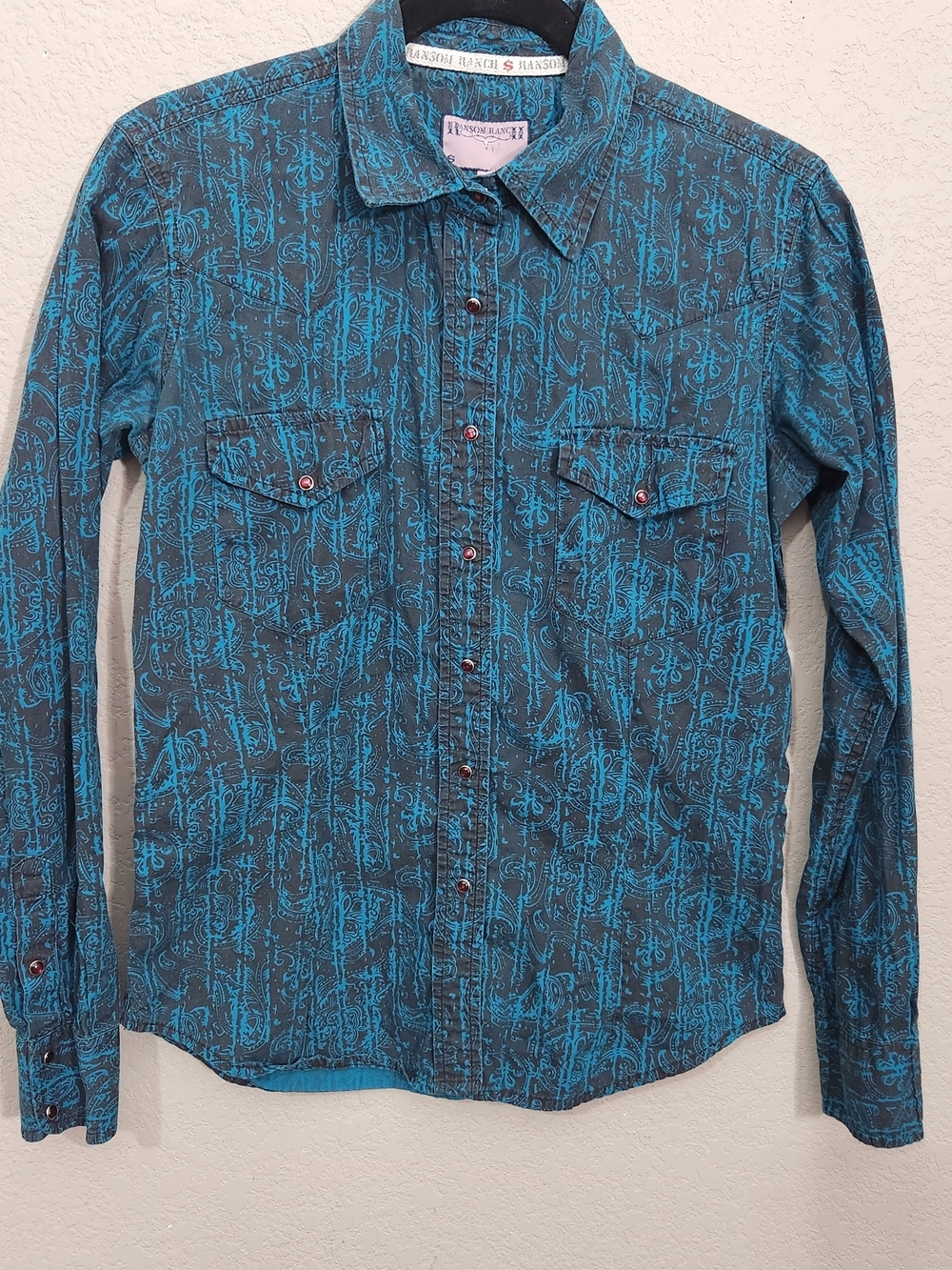 Ransom Ranch Turquoise Printed Button-Front Blouse Small